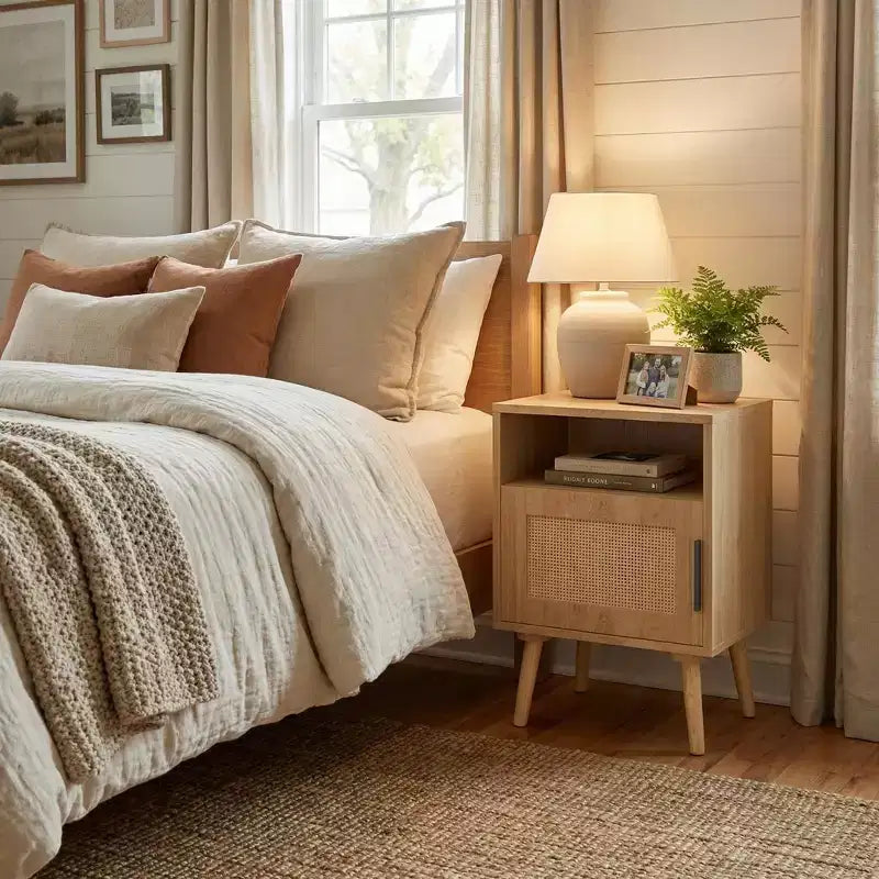 Comodino FurnitureR in MDF effetto legno naturale con anta in canna, comodino con ripiano aperto e armadietto, gambe affusolate per la camera da letto
