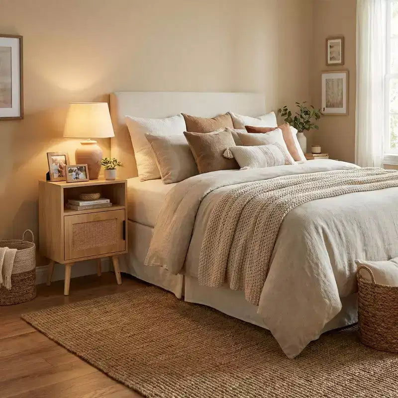 Comodino FurnitureR in MDF effetto legno naturale con anta in canna, comodino con ripiano aperto e armadietto, gambe affusolate per la camera da letto