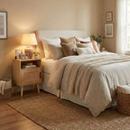 Comodino FurnitureR in MDF effetto legno naturale con anta in canna, comodino con ripiano aperto e armadietto, gambe affusolate per la camera da letto