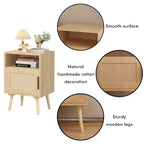 Comodino FurnitureR in MDF effetto legno naturale con anta in canna, comodino con ripiano aperto e armadietto, gambe affusolate per la camera da letto