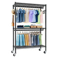 Heavy Duty Rolling Clothes Rack with Wheels - 3-Tier Adjustable Shelving, 2 Rails & Side Hooks, Portable Freestanding Closet Organizer (Black)