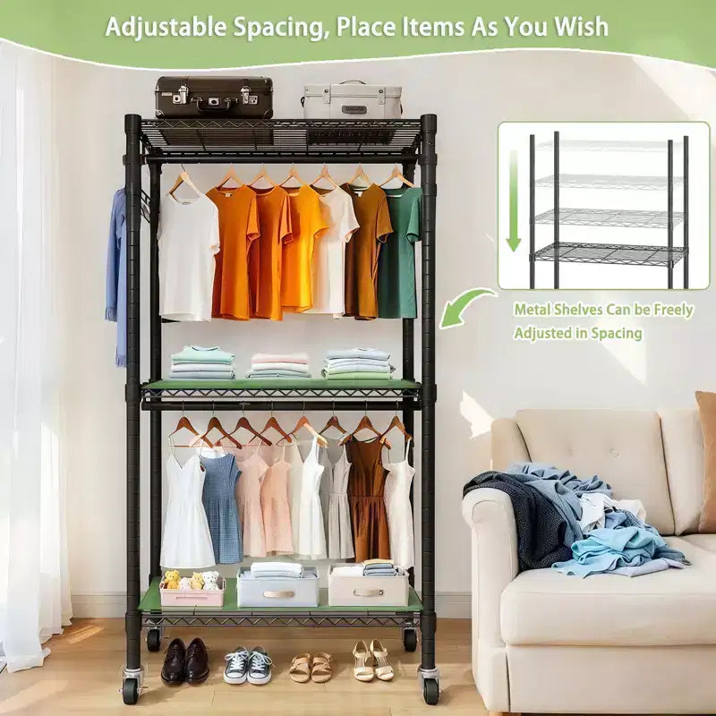 Appendiabiti a rotelle per carichi pesanti con ruote - Scaffalatura regolabile a 3 livelli, 2 binari e ganci laterali, organizer per armadio autoportante portatile (nero)