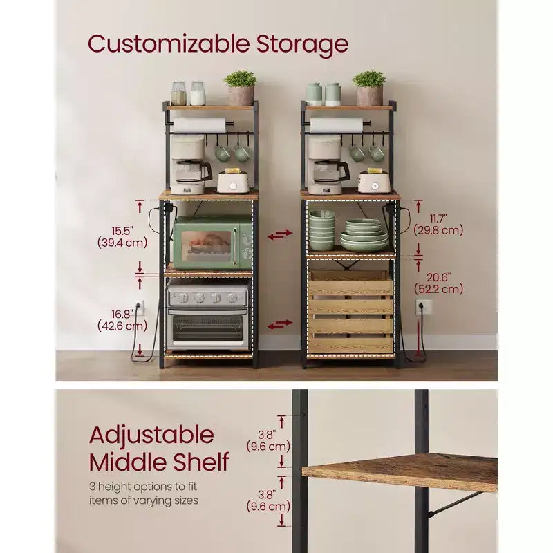 VASAGLE Scaffale da Forno da Cucina con Presa Elettrica, Mobile Caffè a 4 Livelli con 8 Ganci a S, Supporto per Microonde, Ripiano Regolabile