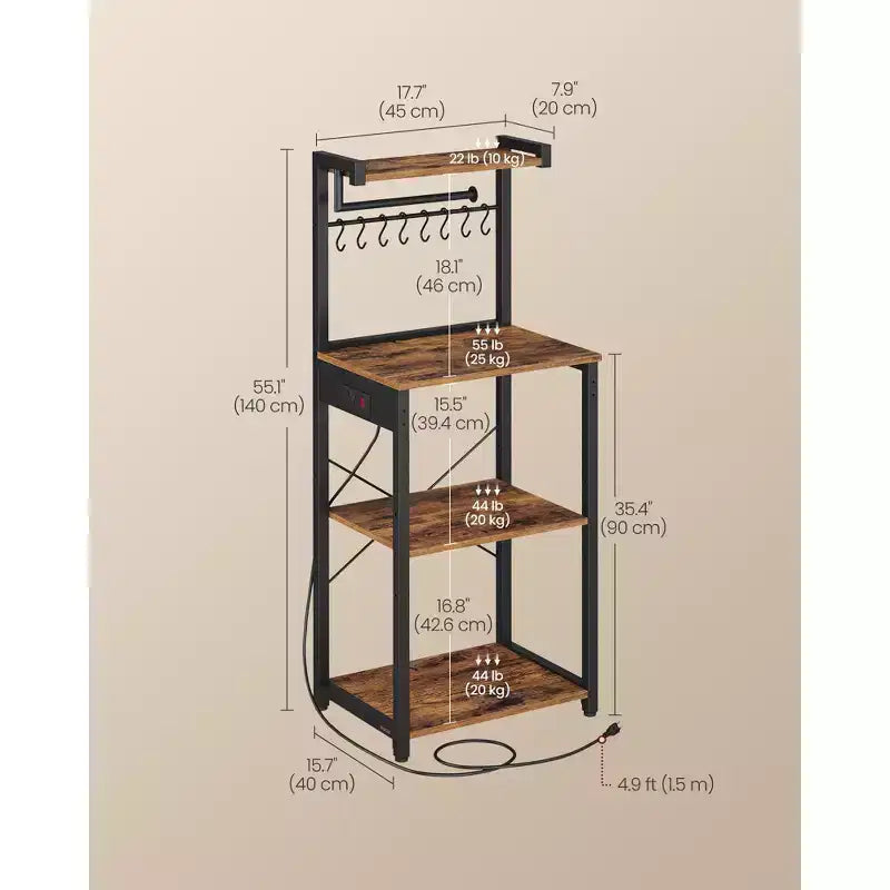 VASAGLE Scaffale da Forno da Cucina con Presa Elettrica, Mobile Caffè a 4 Livelli con 8 Ganci a S, Supporto per Microonde, Ripiano Regolabile
