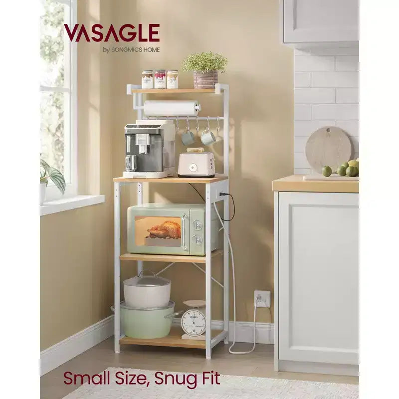 VASAGLE Scaffale da Forno da Cucina con Presa Elettrica, Mobile Caffè a 4 Livelli con 8 Ganci a S, Supporto per Microonde, Ripiano Regolabile