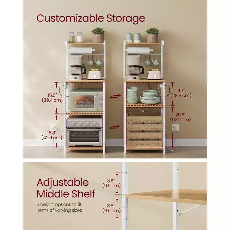 VASAGLE Scaffale da Forno da Cucina con Presa Elettrica, Mobile Caffè a 4 Livelli con 8 Ganci a S, Supporto per Microonde, Ripiano Regolabile
