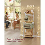 VASAGLE Scaffale da Forno da Cucina con Presa Elettrica, Mobile Caffè a 4 Livelli con 8 Ganci a S, Supporto per Microonde, Ripiano Regolabile
