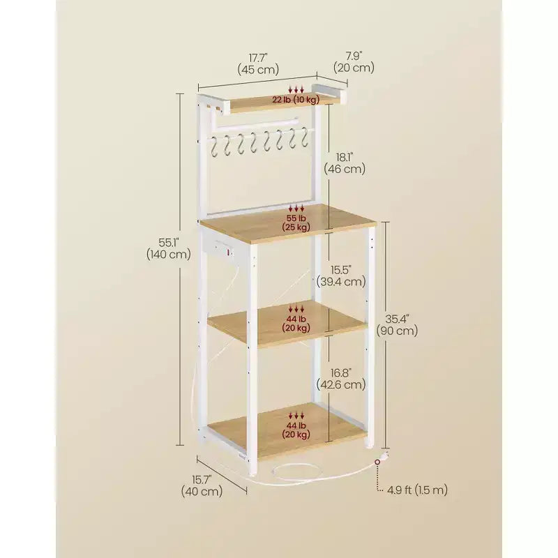 VASAGLE Scaffale da Forno da Cucina con Presa Elettrica, Mobile Caffè a 4 Livelli con 8 Ganci a S, Supporto per Microonde, Ripiano Regolabile