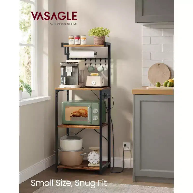 VASAGLE Scaffale da Forno da Cucina con Presa Elettrica, Mobile Caffè a 4 Livelli con 8 Ganci a S, Supporto per Microonde, Ripiano Regolabile