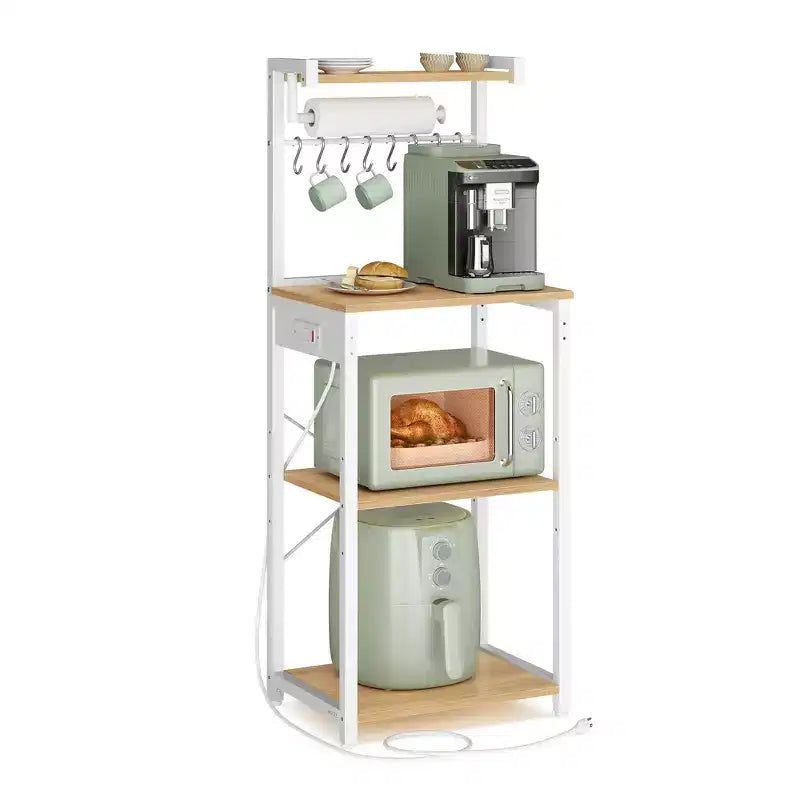 VASAGLE Kitchen Bakers Rack with Power Outlet, Coffee Bar 4-Tier with 8 S Hooks, Microwave Stand, Adjustable Shelf