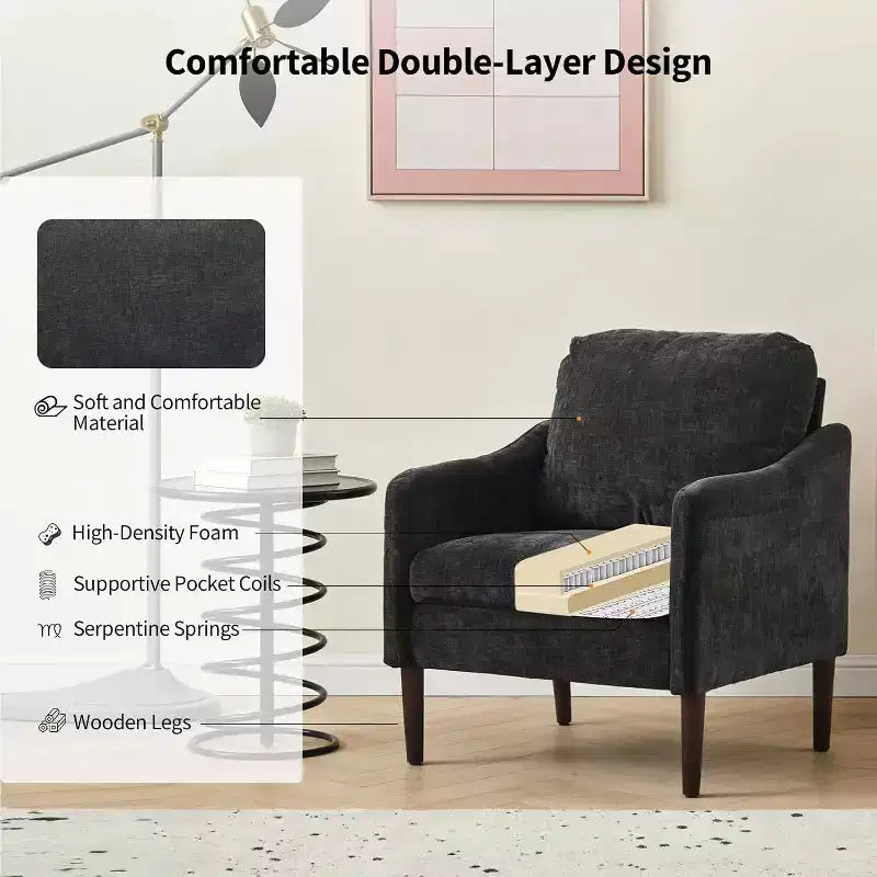 Fauteuil d'appoint moderne du milieu du siècle, fauteuil en tissu chenille avec accoudoirs incurvés, fauteuil de lecture rembourré, fauteuil canapé nuage pour salon, 4 couleurs