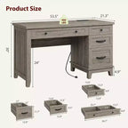 Scrivania rustica da ufficio da 136 cm per computer con stazione di ricarica e schedario, workstation direzionale in legno con cassetti per riporre oggetti per l'ufficio domestico