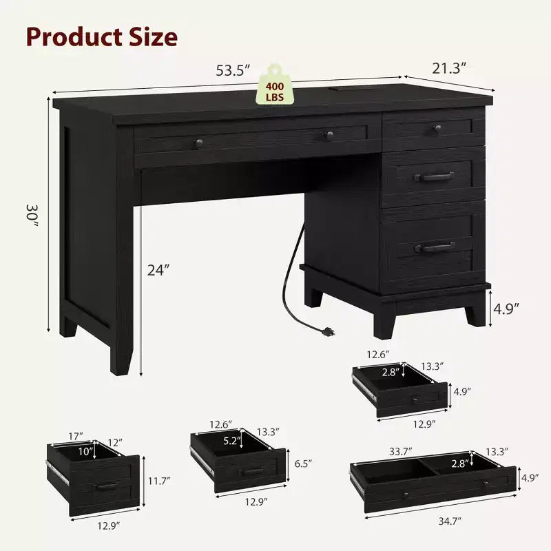 Bureau d'ordinateur de 136 cm pour ferme avec station de chargement et classeur, poste de travail de direction rustique en bois avec tiroirs de rangement pour bureau à domicile