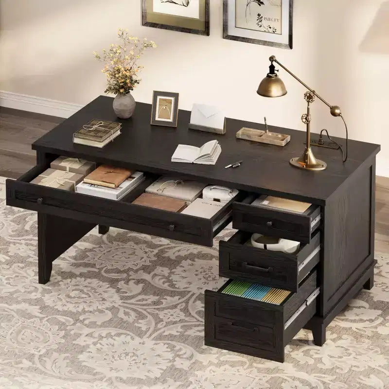 Bureau d'ordinateur de 136 cm pour ferme avec station de chargement et classeur, poste de travail de direction rustique en bois avec tiroirs de rangement pour bureau à domicile