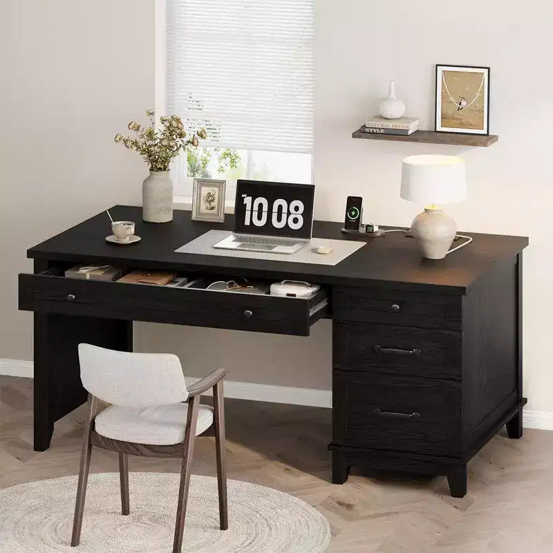 53.5 Farmhouse Computer Desk w/ Charging Station & File Cabinet, Rustic Wooden Executive Workstation with Storage Drawers for Home Office