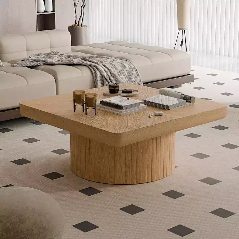 Square Coffee Table for Living Room, Wood Veneer Top with Parquet Pattern, Natural Wood