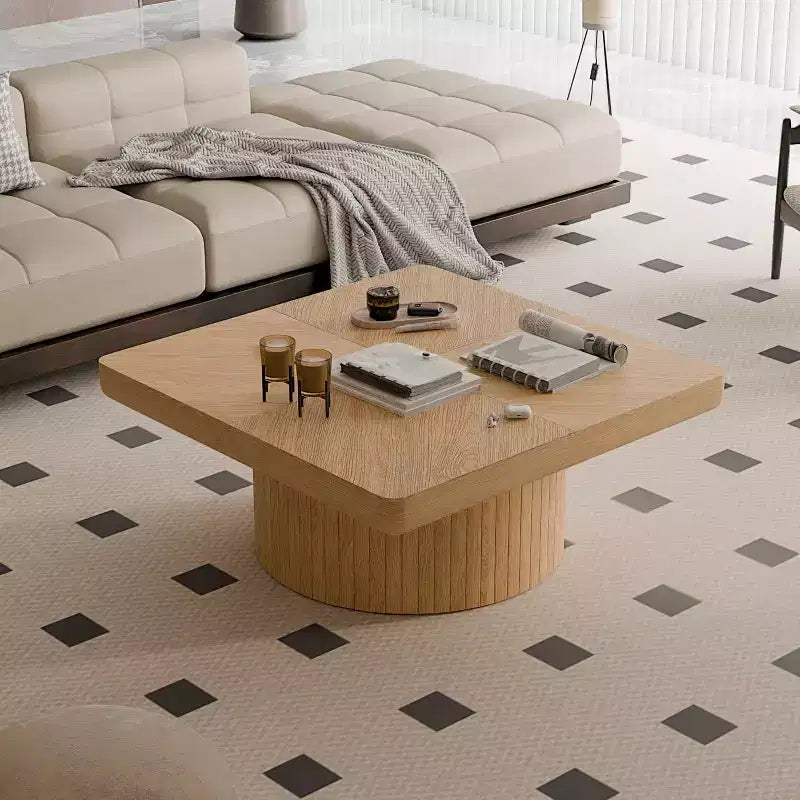 Tavolino quadrato da salotto, piano impiallacciato in legno con motivo a parquet, legno naturale