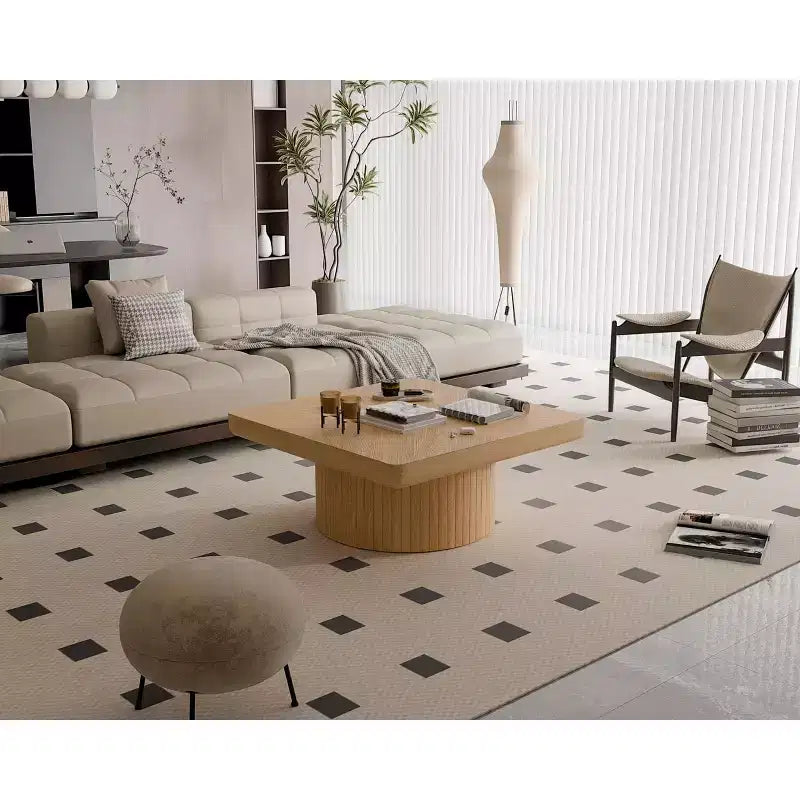 Tavolino quadrato da salotto, piano impiallacciato in legno con motivo a parquet, legno naturale