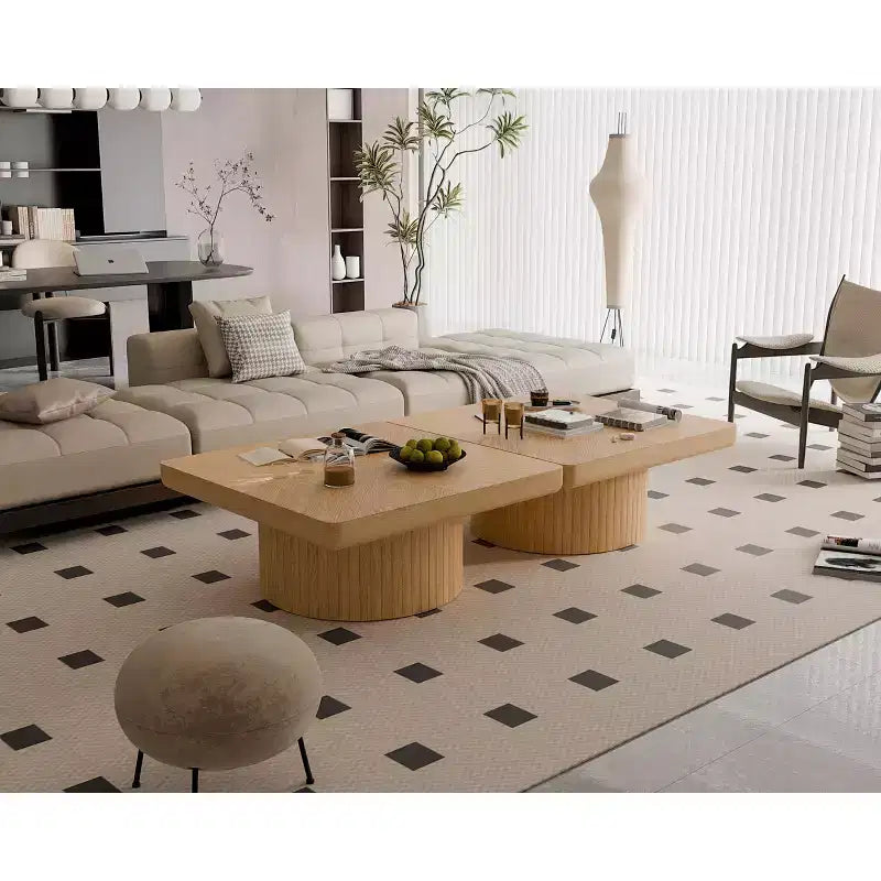 Tavolino quadrato da salotto, piano impiallacciato in legno con motivo a parquet, legno naturale