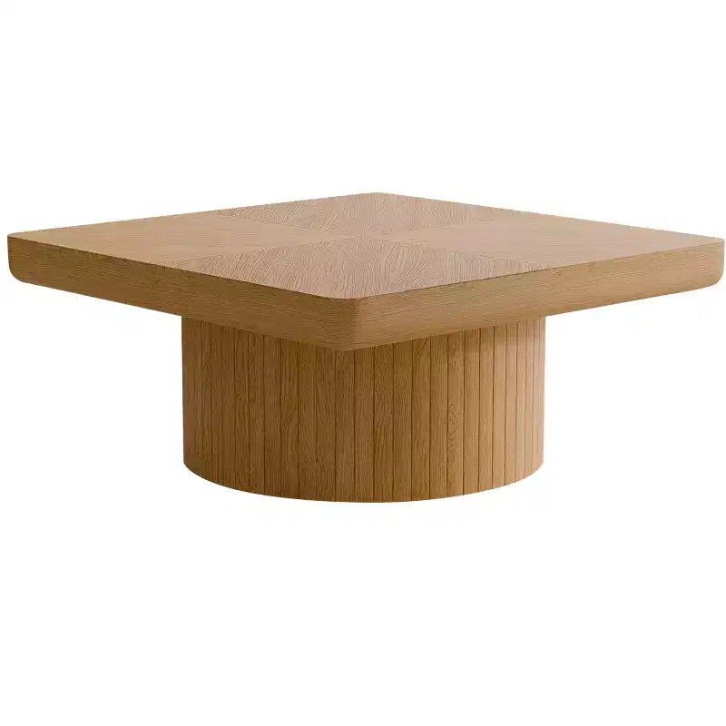 Tavolino quadrato da salotto, piano impiallacciato in legno con motivo a parquet, legno naturale