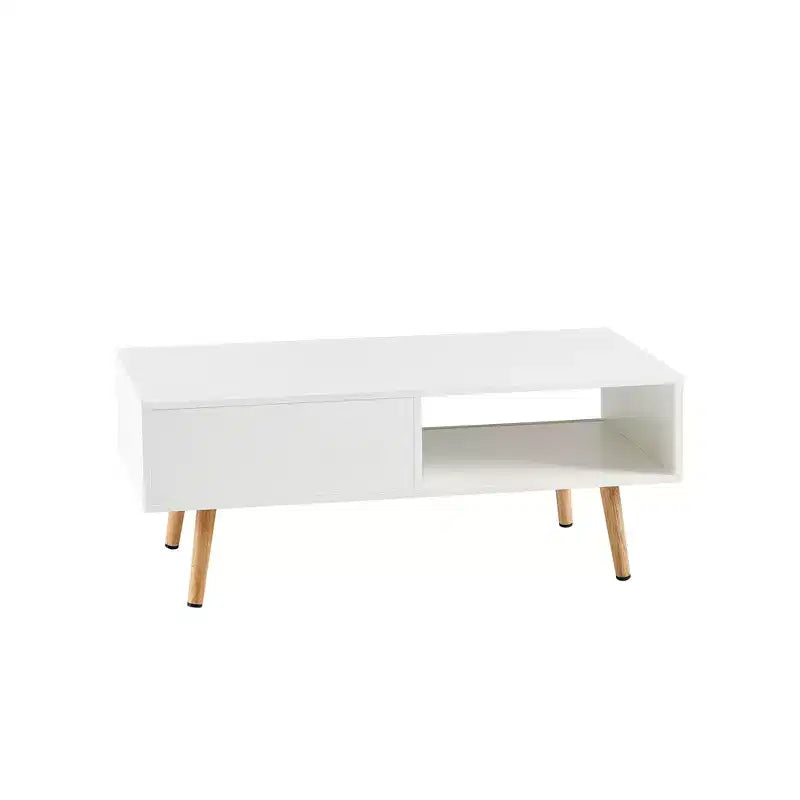 Tavolino da caffè in rattan con ante scorrevoli, Tavolino moderno con gambe in legno massello per soggiorno, Bianco