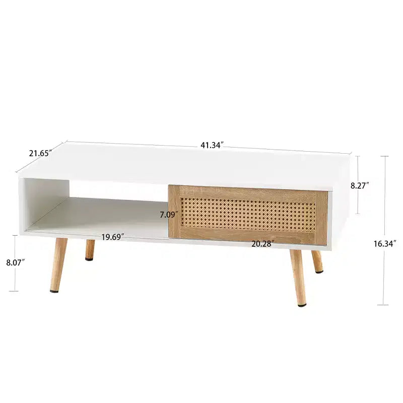 Tavolino da caffè in rattan con ante scorrevoli, Tavolino moderno con gambe in legno massello per soggiorno, Bianco