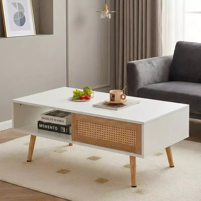 Tavolino da caffè in rattan con ante scorrevoli, Tavolino moderno con gambe in legno massello per soggiorno, Bianco