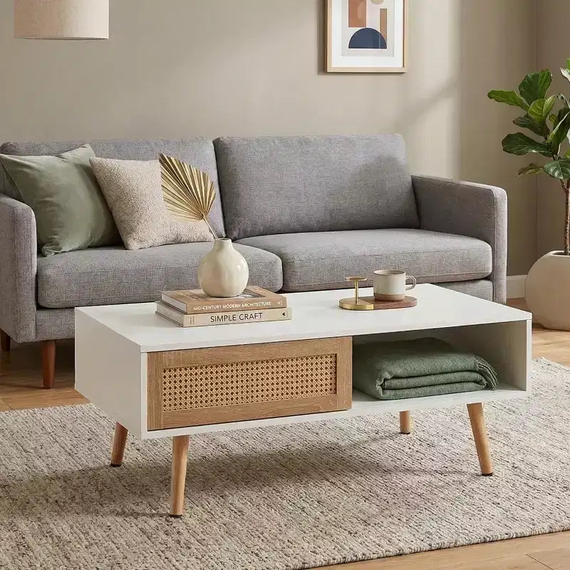 Tavolino da caffè in rattan con ante scorrevoli, Tavolino moderno con gambe in legno massello per soggiorno, Bianco