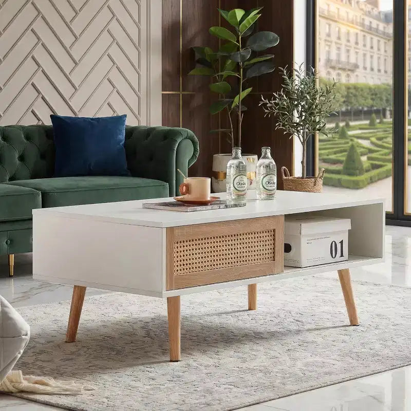 Tavolino da caffè in rattan con ante scorrevoli, Tavolino moderno con gambe in legno massello per soggiorno, Bianco