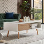 Tavolino da caffè in rattan con ante scorrevoli, Tavolino moderno con gambe in legno massello per soggiorno, Bianco