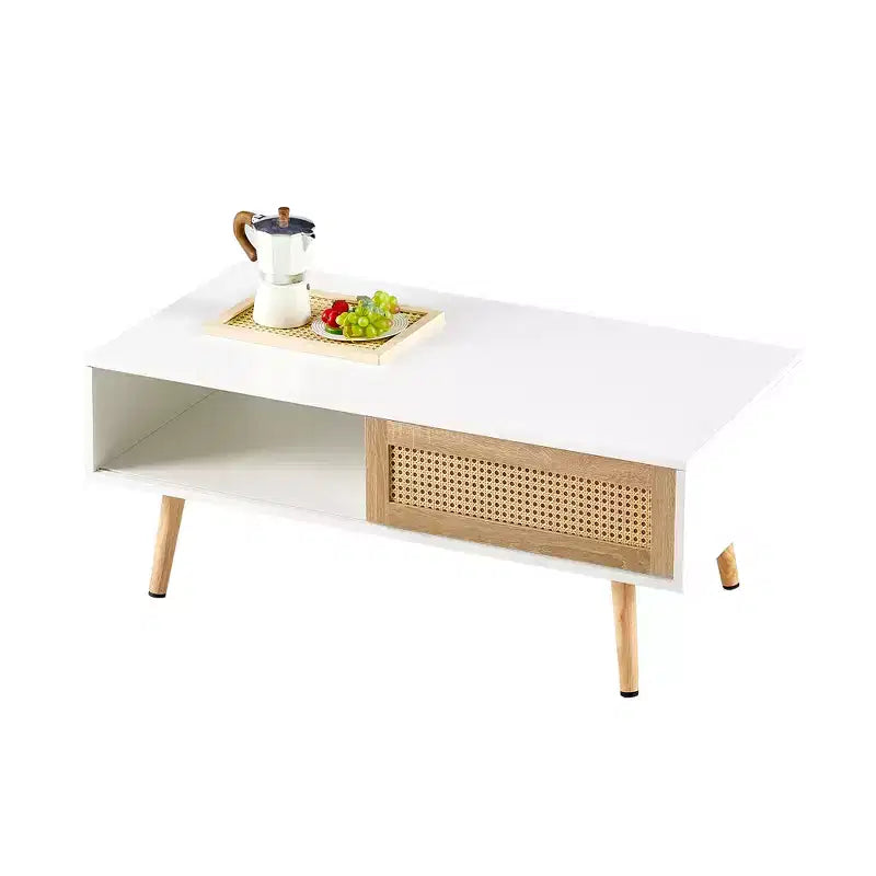 Tavolino da caffè in rattan con ante scorrevoli, Tavolino moderno con gambe in legno massello per soggiorno, Bianco