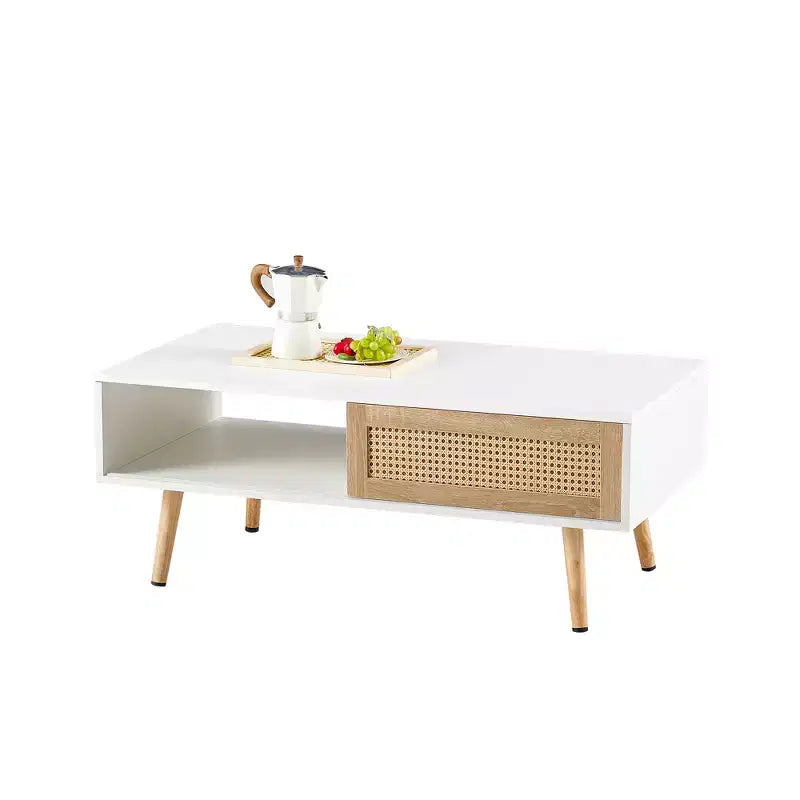 Tavolino da caffè in rattan con ante scorrevoli, Tavolino moderno con gambe in legno massello per soggiorno, Bianco