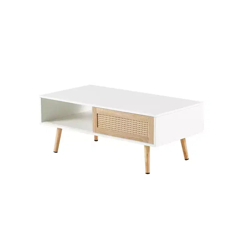 Tavolino da caffè in rattan con ante scorrevoli, Tavolino moderno con gambe in legno massello per soggiorno, Bianco