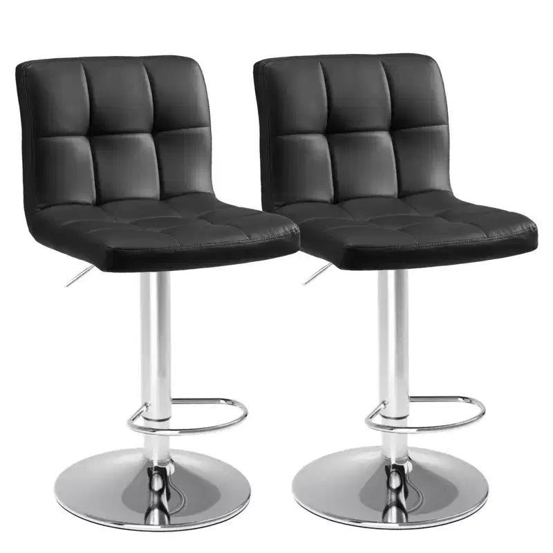 HomeRoots Set of Two Black and Silver Faux Leather and Aluminum Adjustable Height Swivel Bar Chairs