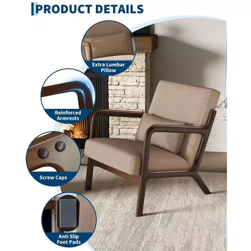 Poltrona di design moderno di metà secolo con rivestimento in ciniglia e cuscino lombare rimovibile, sedia da lettura in legno massello per soggiorno, camera da letto