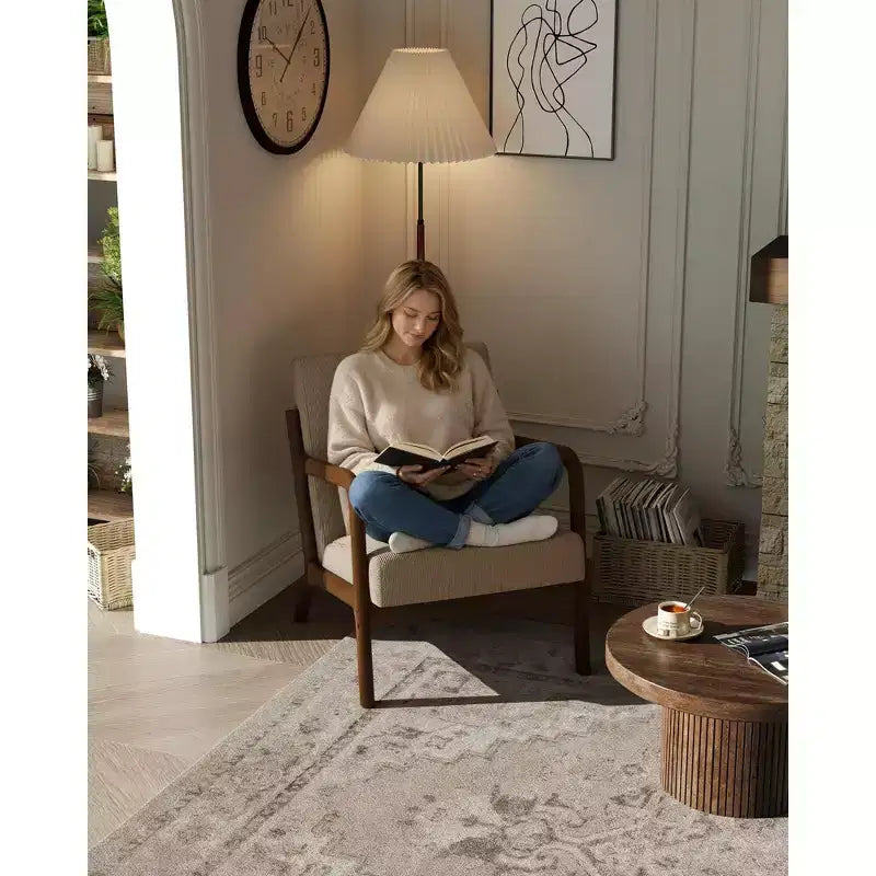 Poltrona di design moderno di metà secolo con rivestimento in ciniglia e cuscino lombare rimovibile, sedia da lettura in legno massello per soggiorno, camera da letto
