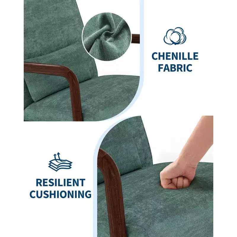 Poltrona di design moderno di metà secolo con rivestimento in ciniglia e cuscino lombare rimovibile, sedia da lettura in legno massello per soggiorno, camera da letto