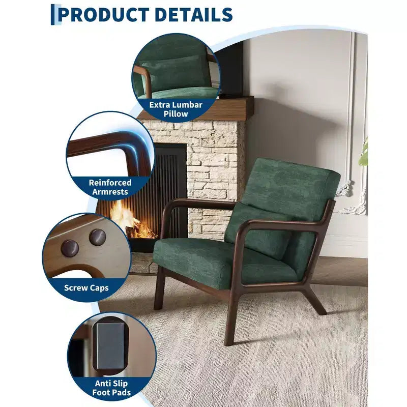 Poltrona di design moderno di metà secolo con rivestimento in ciniglia e cuscino lombare rimovibile, sedia da lettura in legno massello per soggiorno, camera da letto