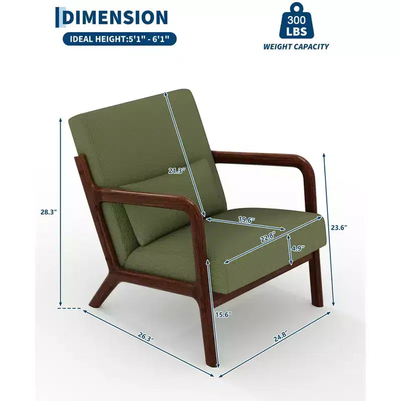 Poltrona di design moderno di metà secolo con rivestimento in ciniglia e cuscino lombare rimovibile, sedia da lettura in legno massello per soggiorno, camera da letto