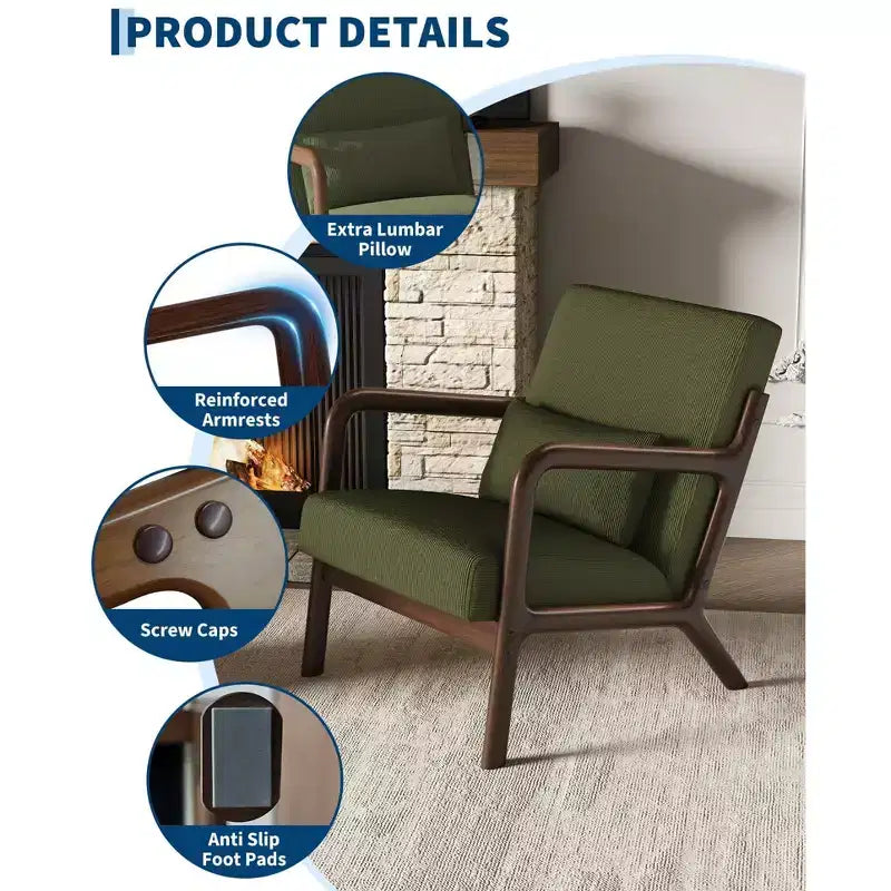 Poltrona di design moderno di metà secolo con rivestimento in ciniglia e cuscino lombare rimovibile, sedia da lettura in legno massello per soggiorno, camera da letto