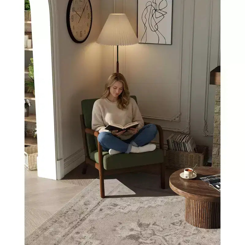 Poltrona di design moderno di metà secolo con rivestimento in ciniglia e cuscino lombare rimovibile, sedia da lettura in legno massello per soggiorno, camera da letto