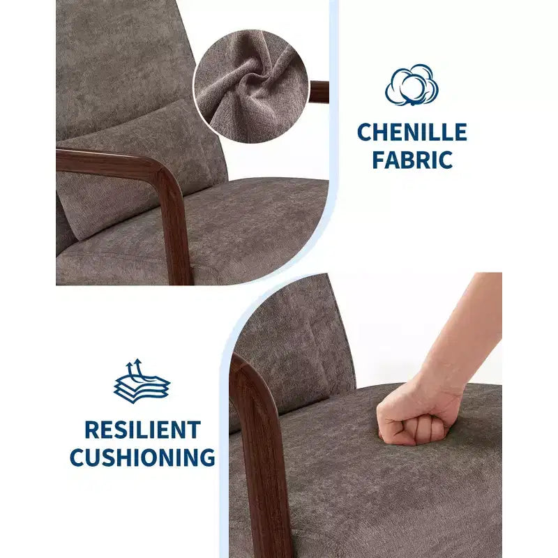 Poltrona di design moderno di metà secolo con rivestimento in ciniglia e cuscino lombare rimovibile, sedia da lettura in legno massello per soggiorno, camera da letto