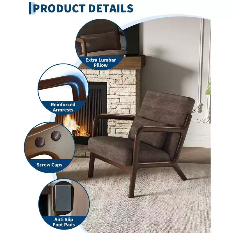 Poltrona di design moderno di metà secolo con rivestimento in ciniglia e cuscino lombare rimovibile, sedia da lettura in legno massello per soggiorno, camera da letto