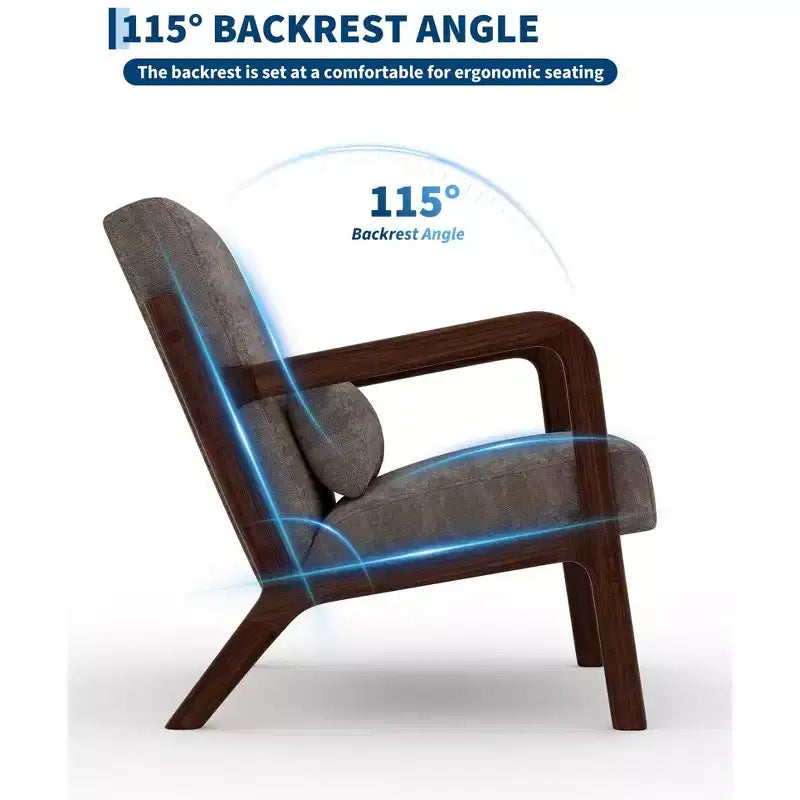 Poltrona di design moderno di metà secolo con rivestimento in ciniglia e cuscino lombare rimovibile, sedia da lettura in legno massello per soggiorno, camera da letto