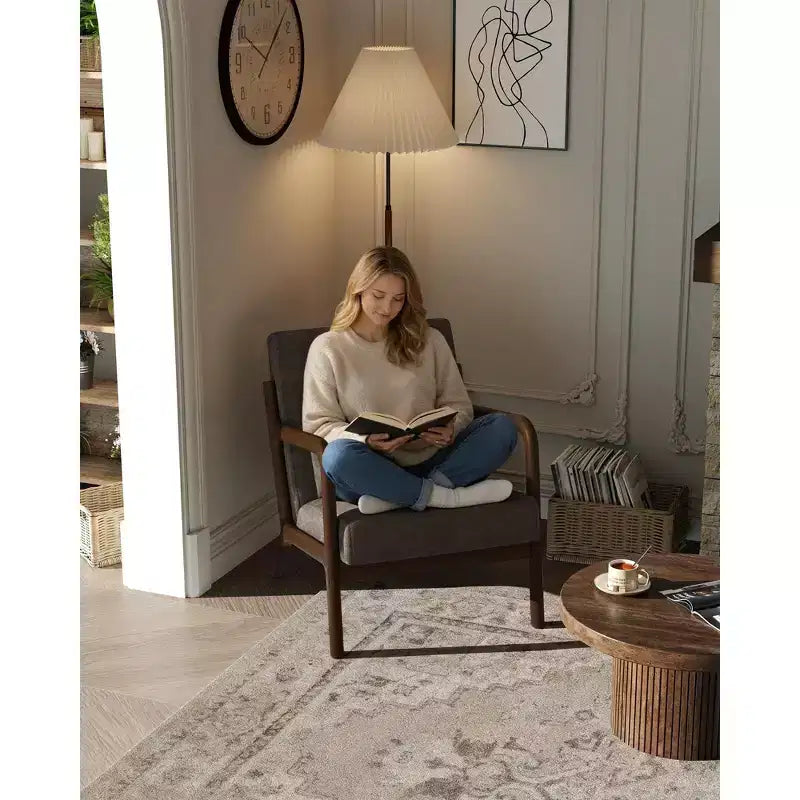 Poltrona di design moderno di metà secolo con rivestimento in ciniglia e cuscino lombare rimovibile, sedia da lettura in legno massello per soggiorno, camera da letto