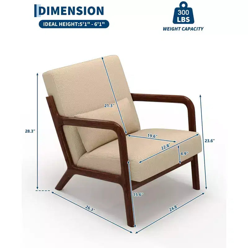 Poltrona di design moderno di metà secolo con rivestimento in ciniglia e cuscino lombare rimovibile, sedia da lettura in legno massello per soggiorno, camera da letto