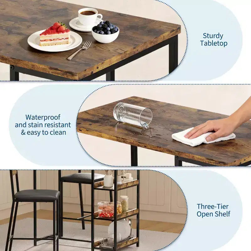 Set da Bar 3 Pezzi con 2 Ripiani Portaoggetti, Set da Pranzo Salvaspazio per Cucina con Sedie in Pelle PU