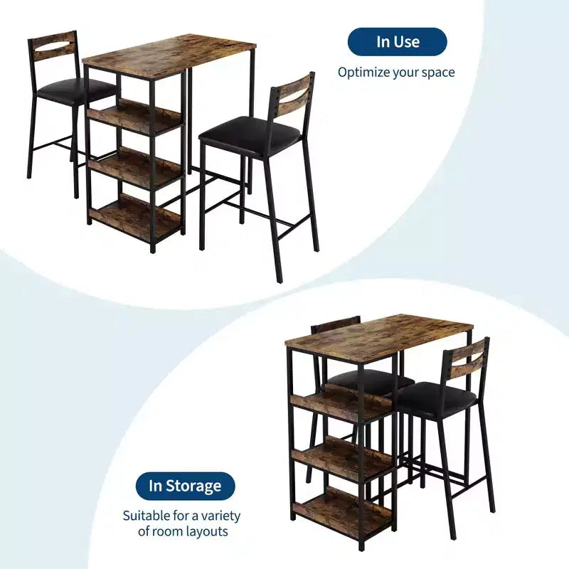 Set da Bar 3 Pezzi con 2 Ripiani Portaoggetti, Set da Pranzo Salvaspazio per Cucina con Sedie in Pelle PU