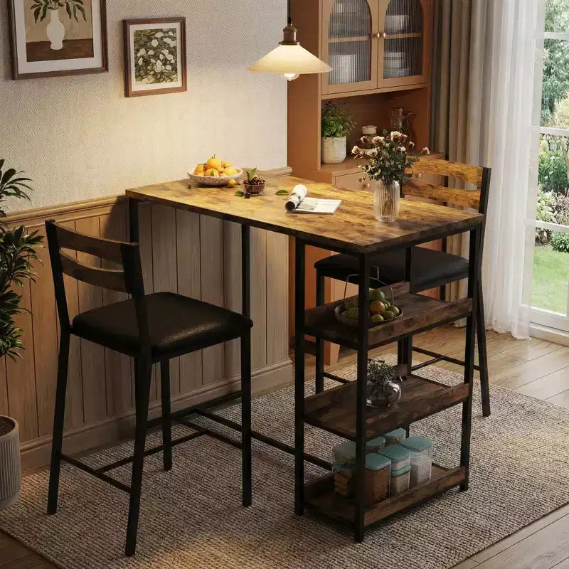 Set da Bar 3 Pezzi con 2 Ripiani Portaoggetti, Set da Pranzo Salvaspazio per Cucina con Sedie in Pelle PU