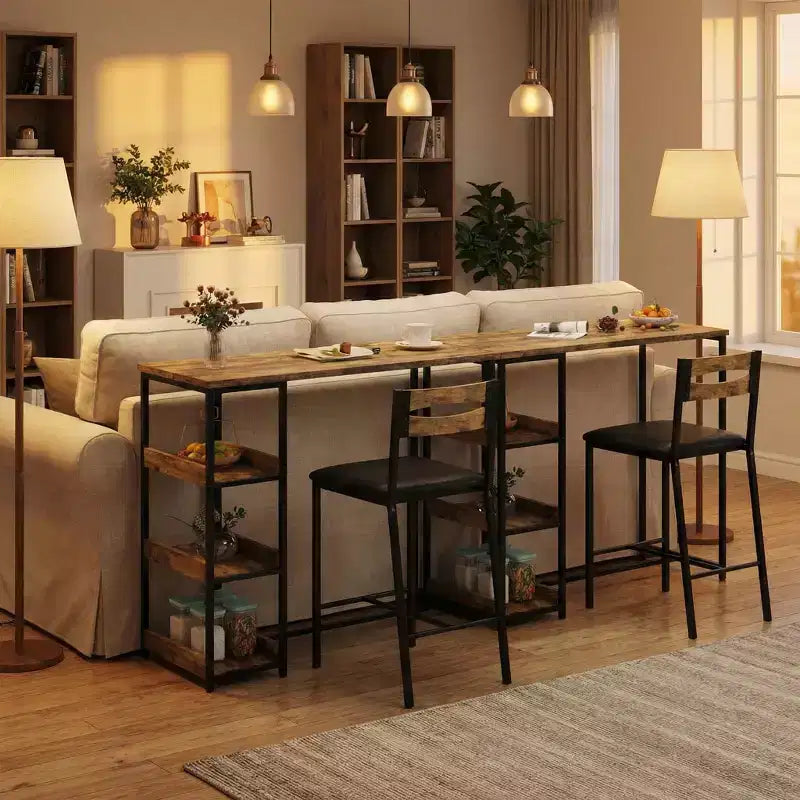 Set da Bar 3 Pezzi con 2 Ripiani Portaoggetti, Set da Pranzo Salvaspazio per Cucina con Sedie in Pelle PU